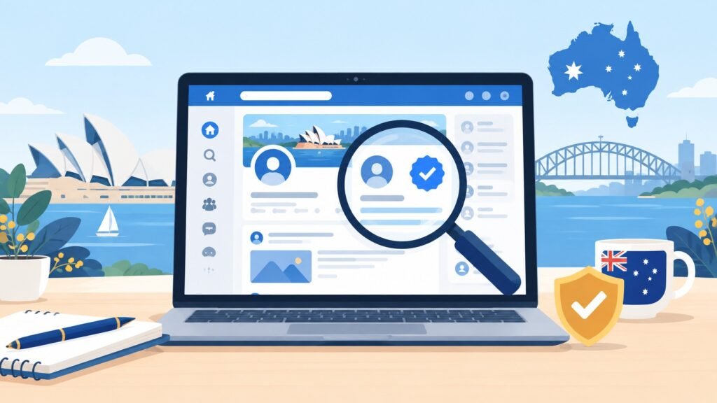 Social media verification and trust illustration with a magnifying glass and verified badge on a laptop