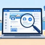 Social media verification and trust illustration with a magnifying glass and verified badge on a laptop