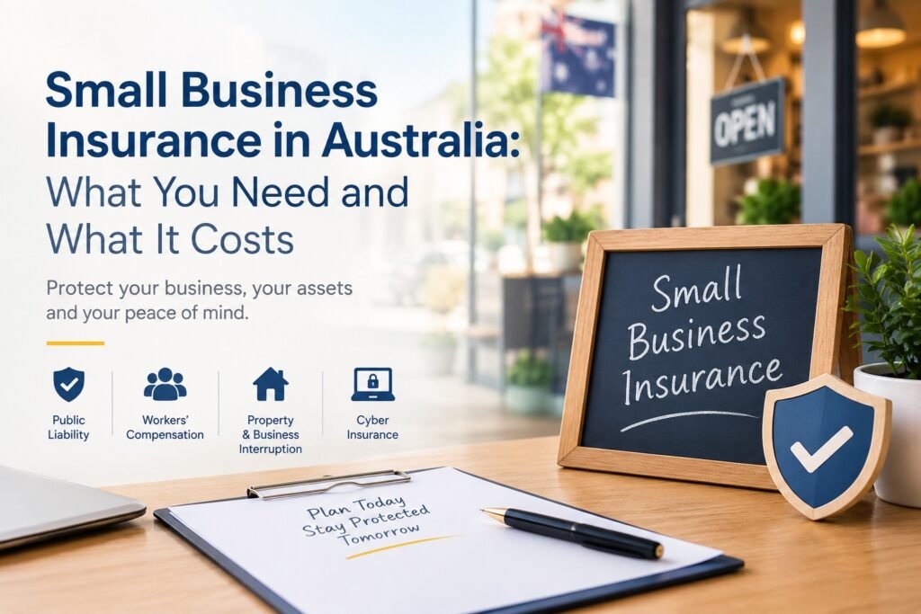 Small business insurance in Australia with protection shield and coverage icons.