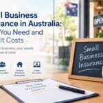 Small business insurance in Australia with protection shield and coverage icons.