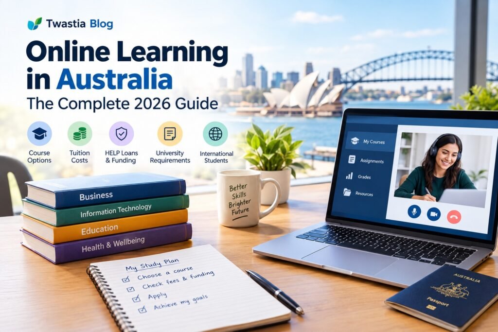 Online learning in Australia with a laptop, digital courses and study materials.
