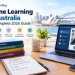 Online learning in Australia with a laptop, digital courses and study materials.