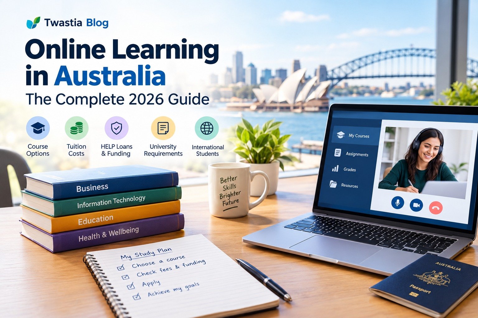 Online learning in Australia with a laptop, digital courses and study materials.